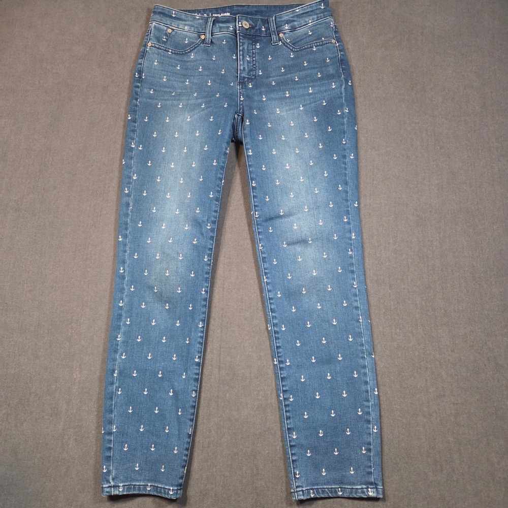 Talbots Flawless Slim Ankle Jeans Womens 2 Blue Anchor Print Nautical Denim